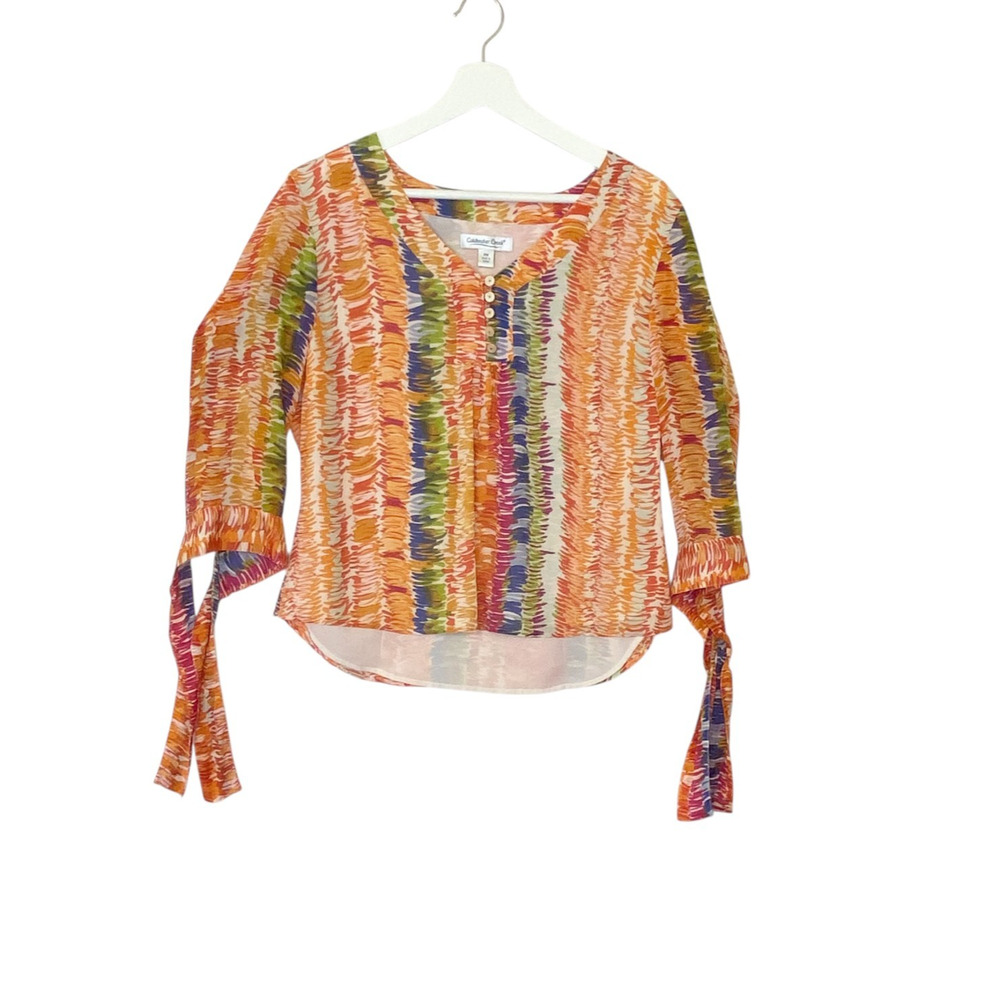 Coldwater Creek PM Boho Blouse Top Lined 100% Silk Orange Multi 3/4 Tie Sleeve